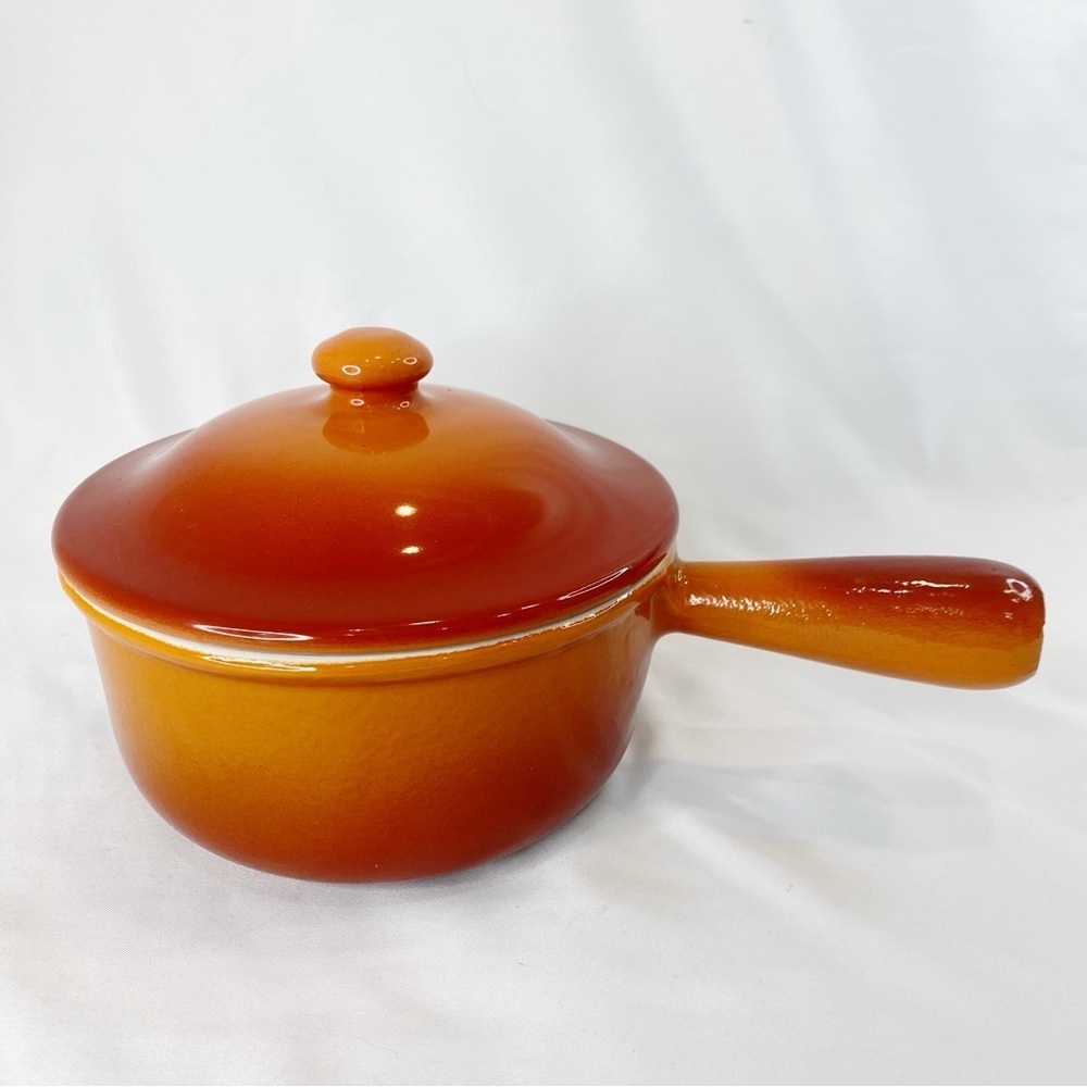 SOLD DON’T BUY Vintage MCM Orange Flame Enamel Cast Iron Sauce Pan